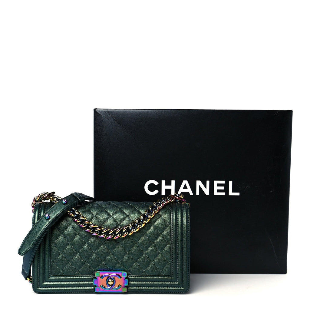 Iridescent Goatskin Quilted Medium Boy Flap Green
